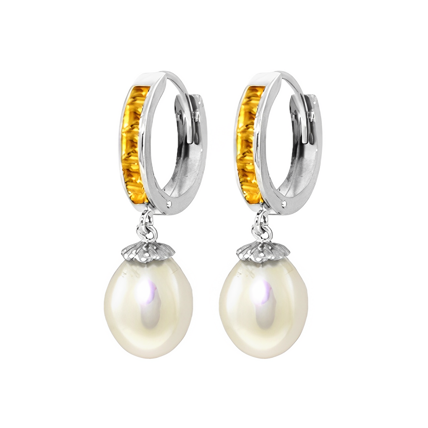 Solid Gold Hoop Citrine & Pearl Earrings