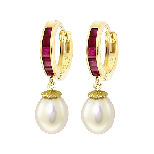 Gold Hoop Earrings Rubies Pearls