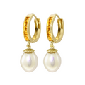Solid Gold Hoop Citrine & Pearl Earrings