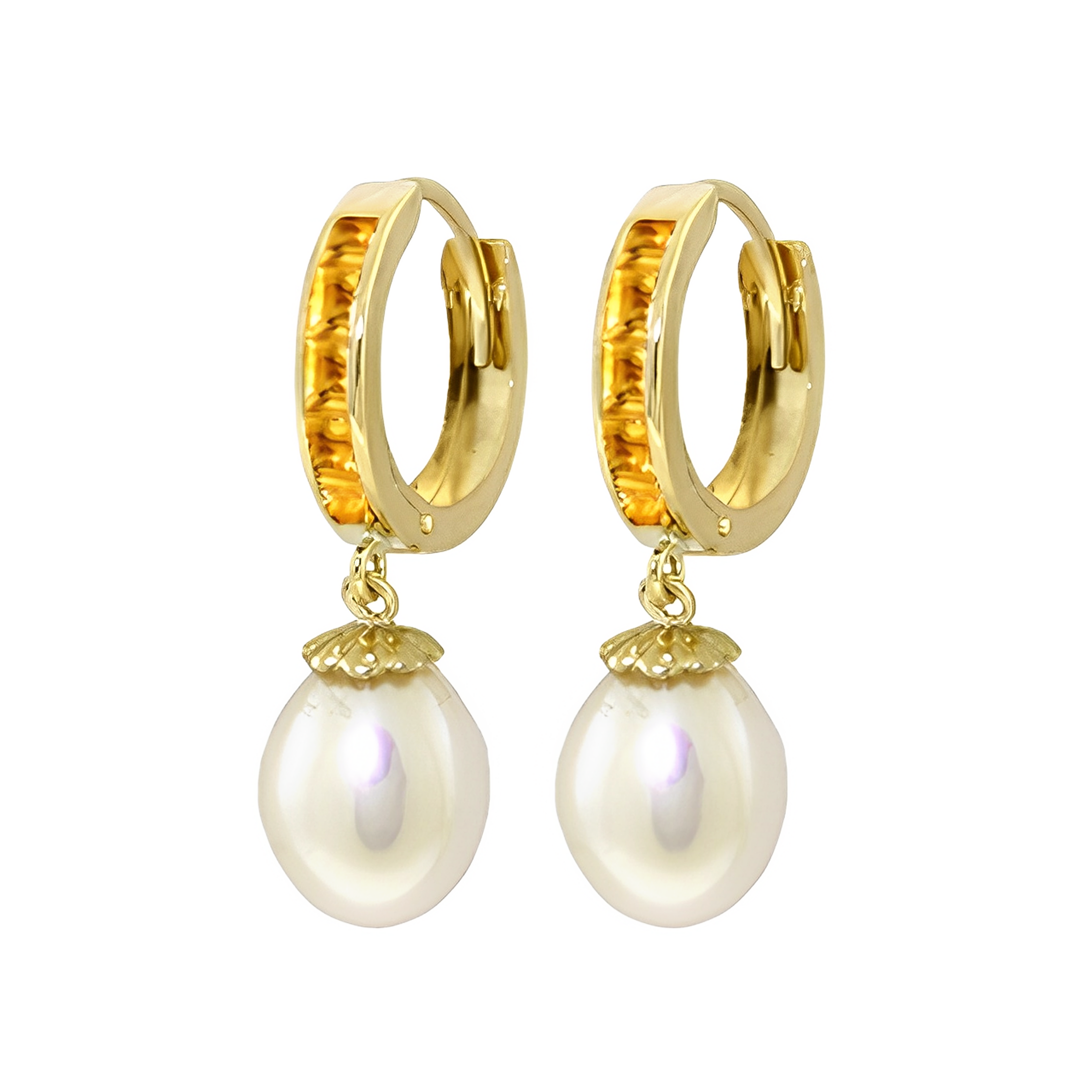 Solid Gold Hoop Citrine & Pearl Earrings
